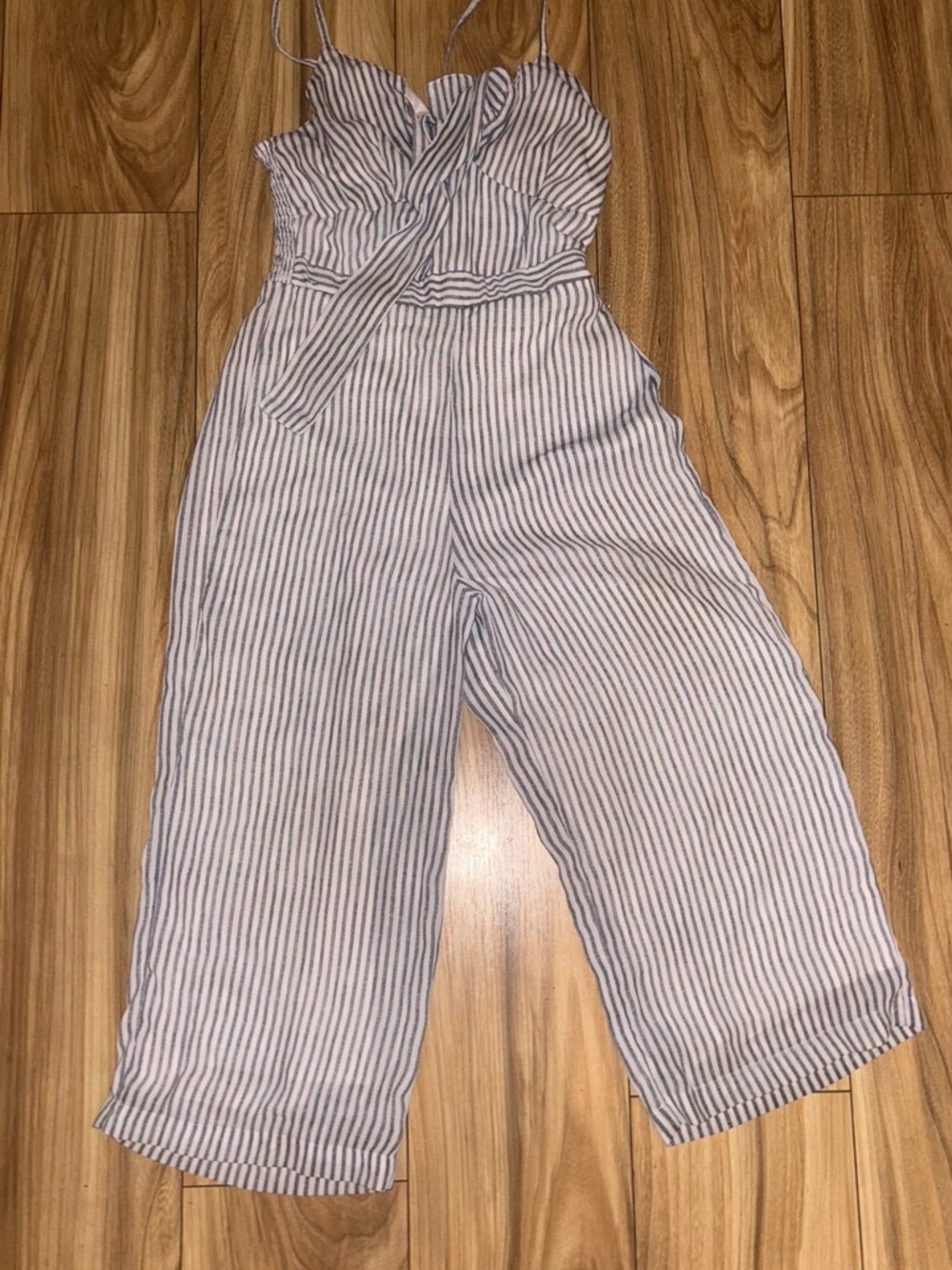 Striped Spaghetti Strap Jumpsuit in White and Navy